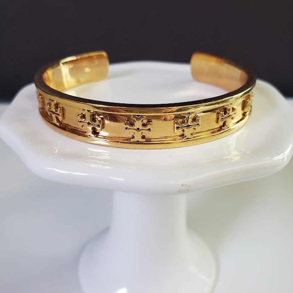 TORY BURCH Raised Logo Cuff Bracelet Gold Tone Double T Designer Classic